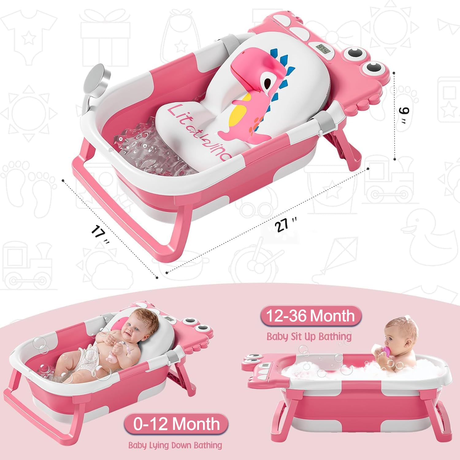 TPN collapsible baby bathtub thermometer display lets you monitor bath temperature