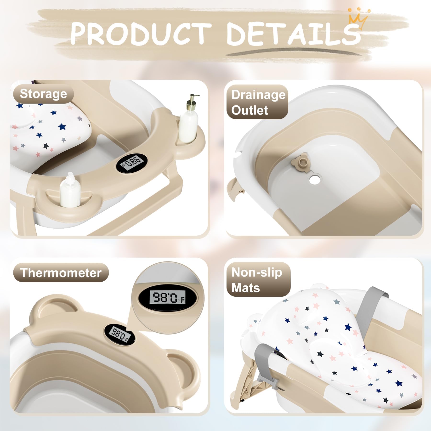TPN collapsible baby bathtub with thermometer display shows real-time bath temperature.