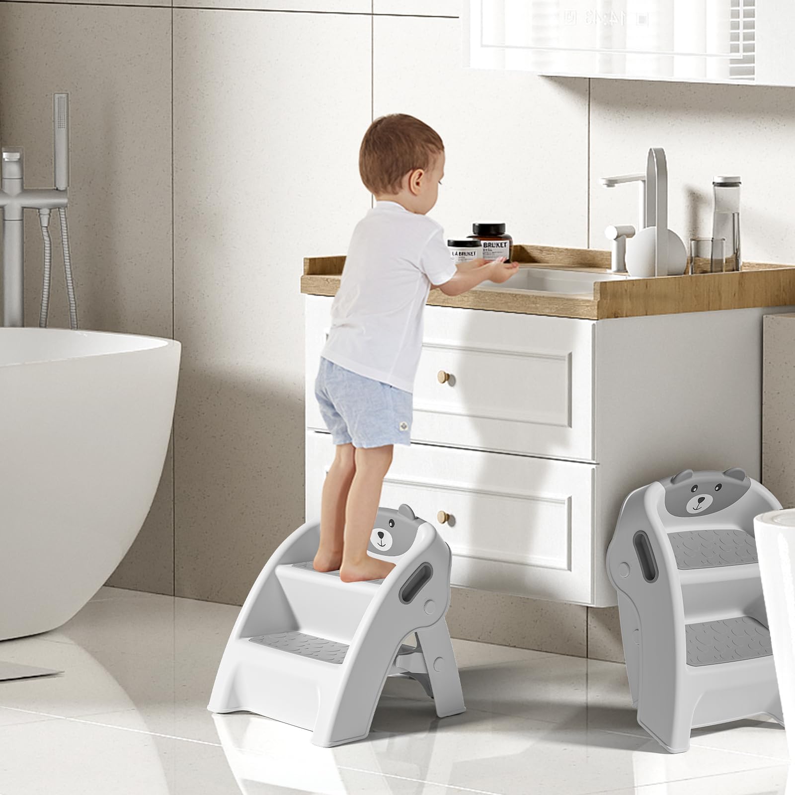 TPN Toddler Step Stool gray folded view shows compact storage