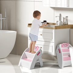 TPN pink 2-step stool with wide steps supports independent daily routines