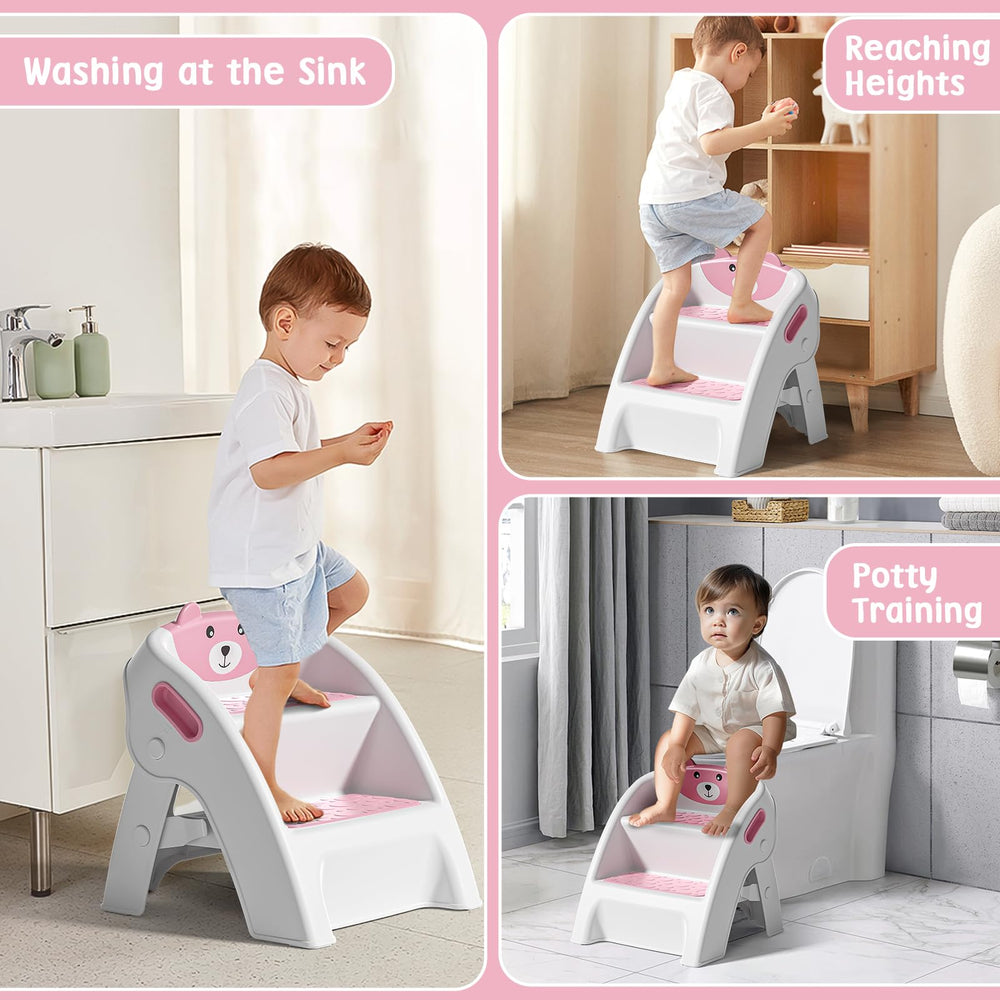 TPN pink stool with anti-slip pads promotes stable bathroom routines