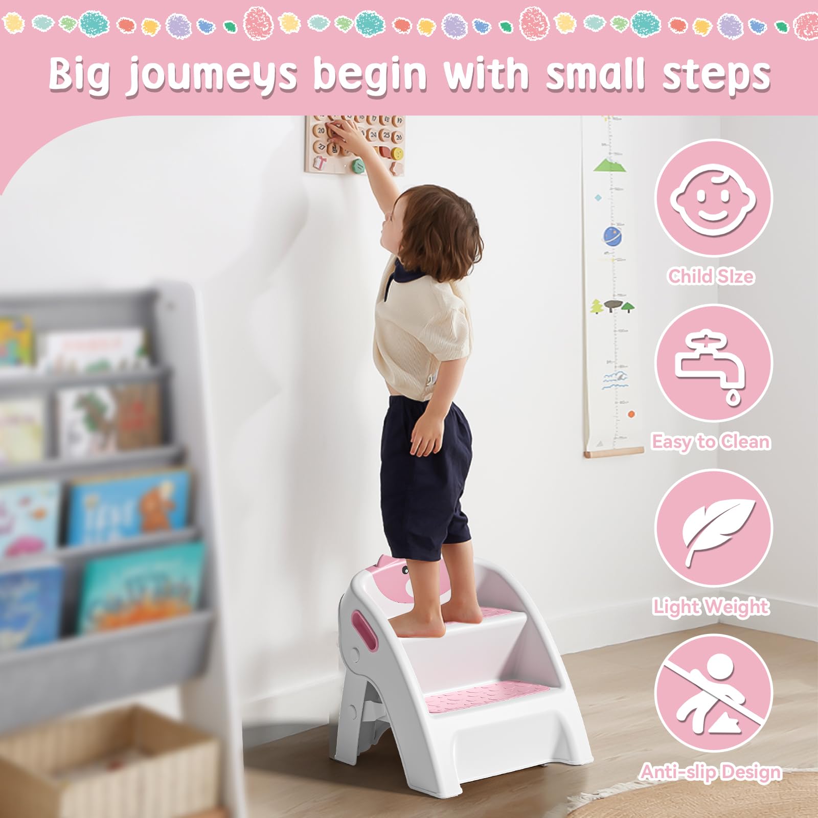 TPN pink stool's light weight allows easy repositioning by little hands