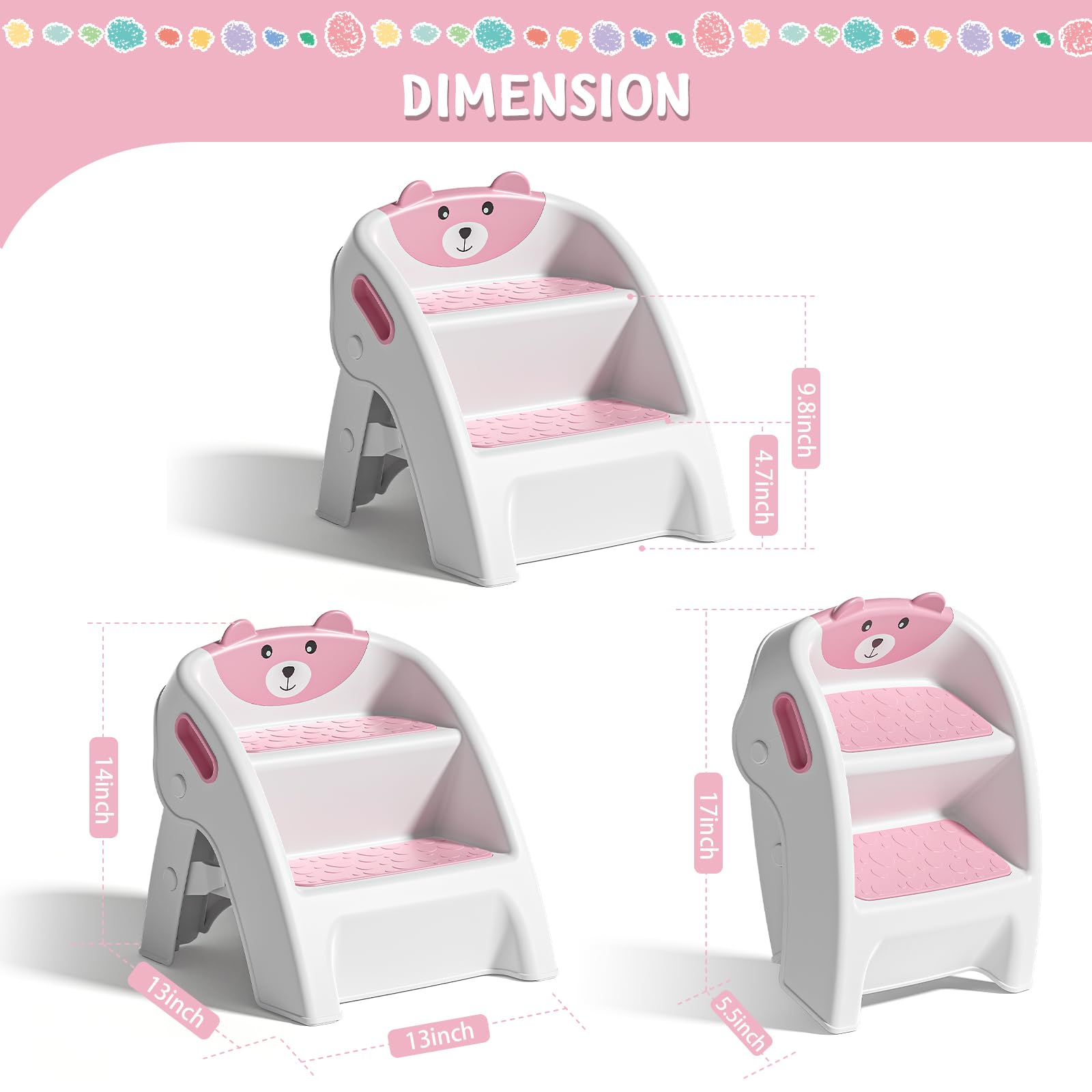 TPN pink folding stool stores compactly after use in small bathrooms