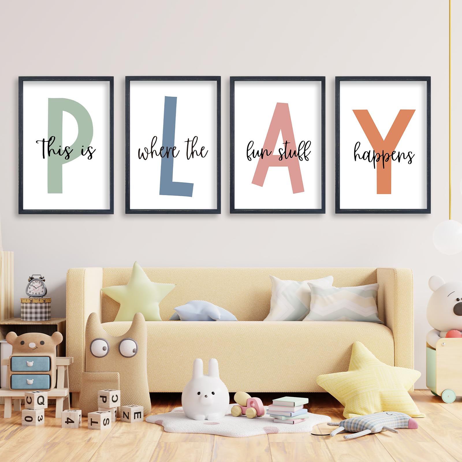 TQianJiang Playroom wall art four-piece prints in vibrant colors for lively kids' spaces.