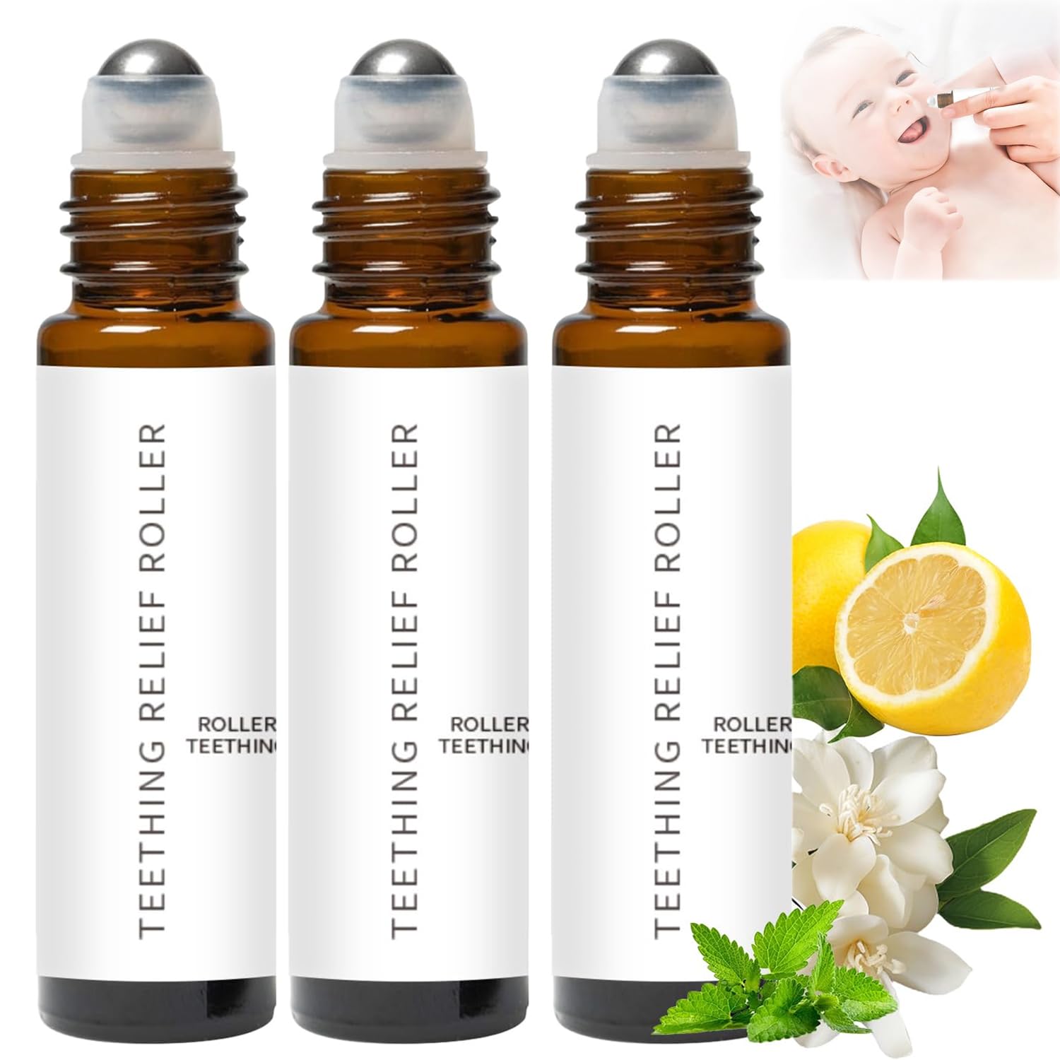 Traboto Velaria teething roller packaging in a glass bottle offers a plastic-free, premium application.