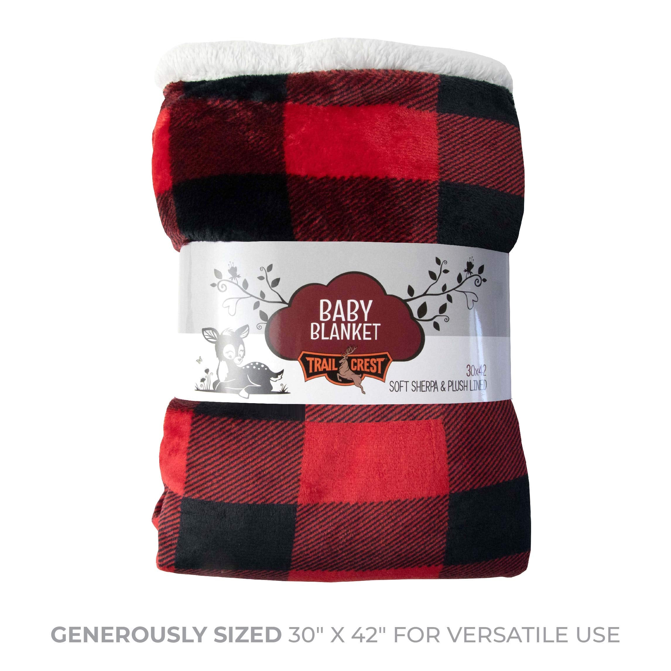 TrailCrest baby blanket with reversible plaid laid on a swaddled infant for comfort.