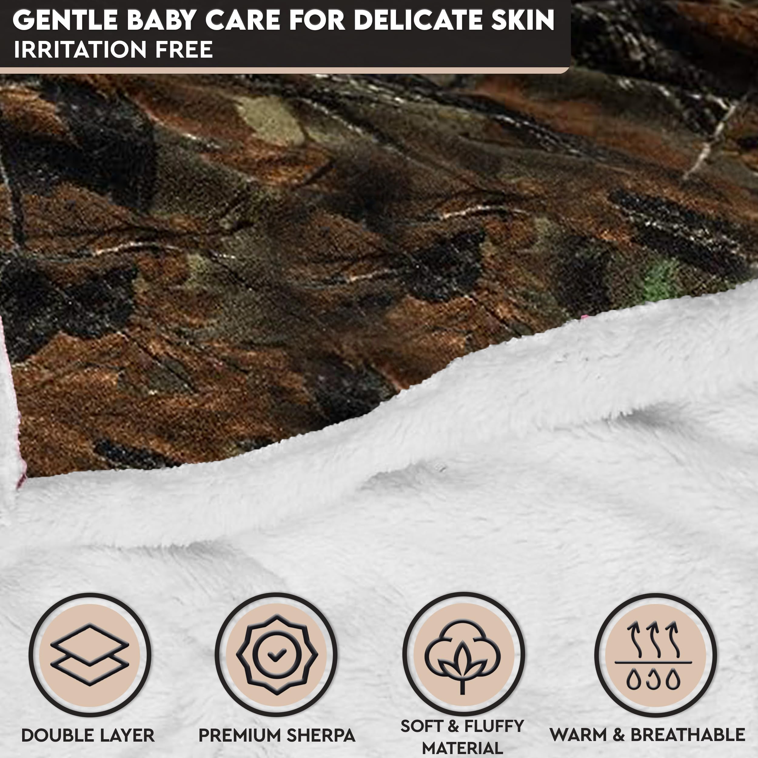 TrailCrest baby camo blanket back sherpa detail provides extra softness