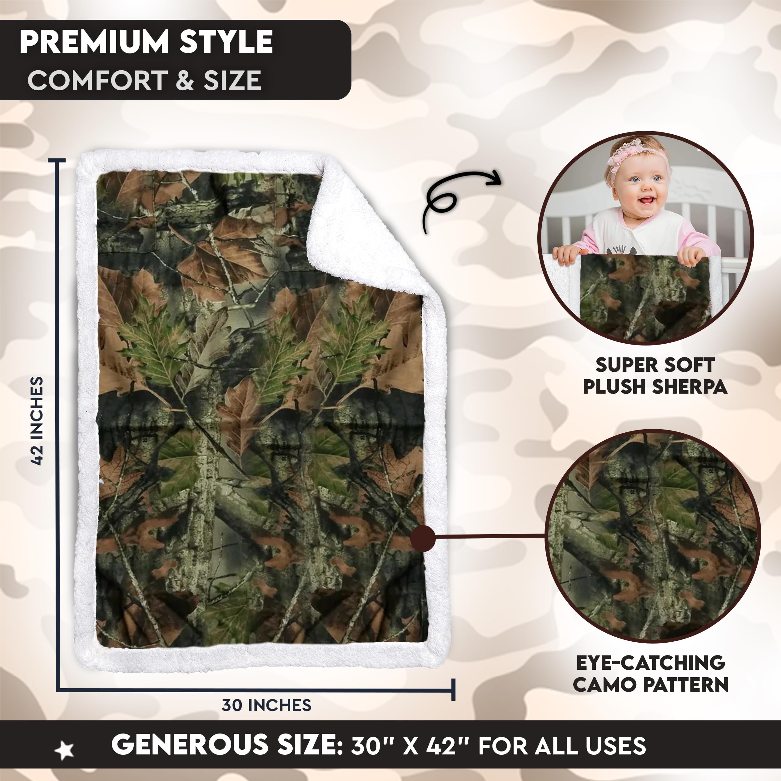 TrailCrest baby camo blanket coral fleece texture for gentle, breathable warmth