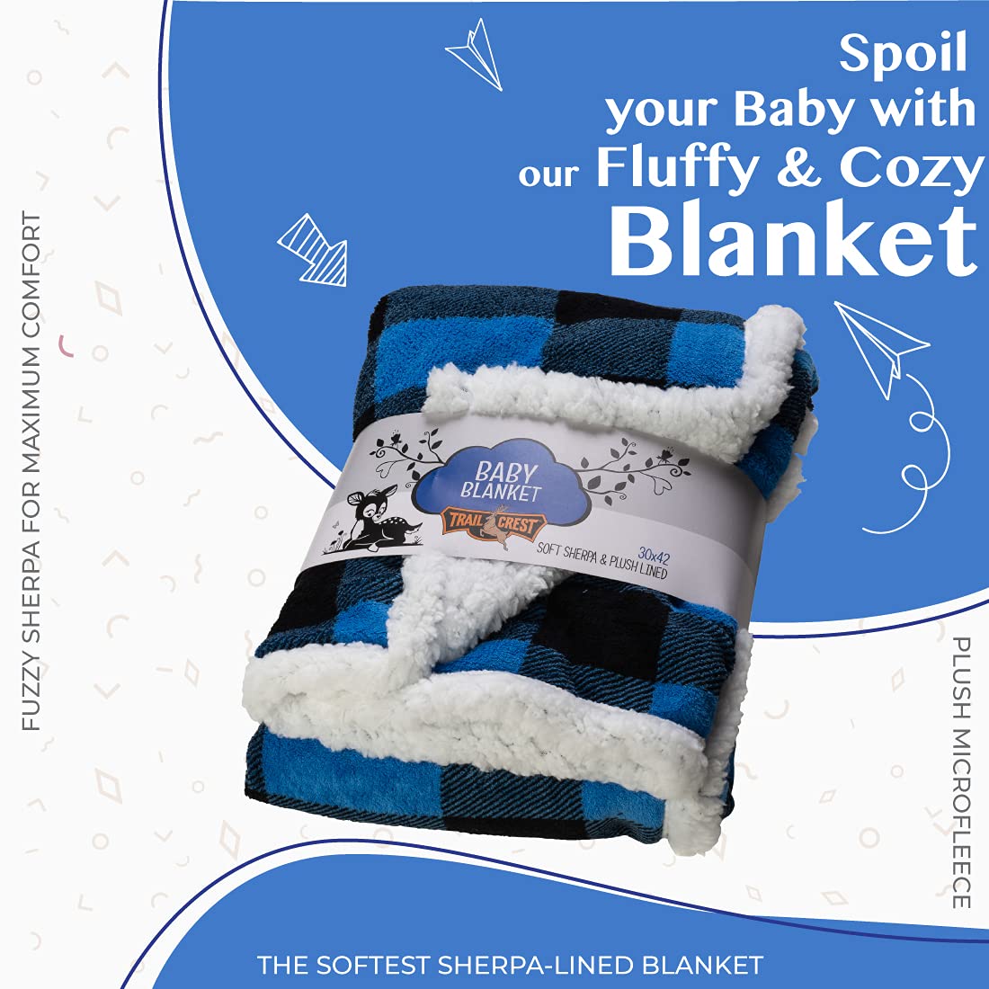 TrailCrest Ultra Soft Sherpa Fleece Plaid Baby Blanket folded demonstrates portable warmth for on the go