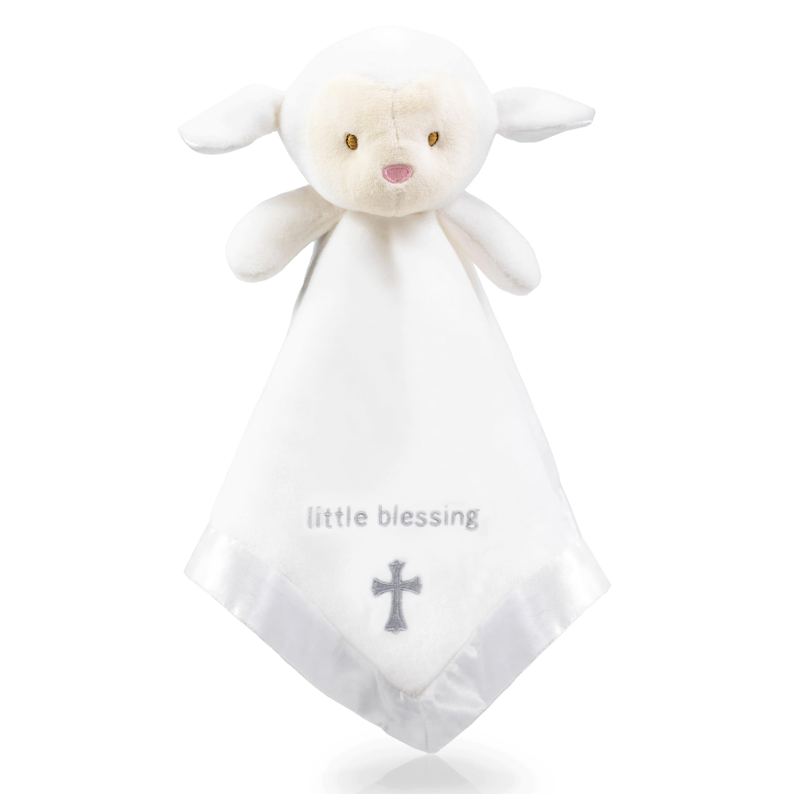 TRANQUIL KIDDO lamb lovey close-up embroidery showing cross detail for comforting snuggles