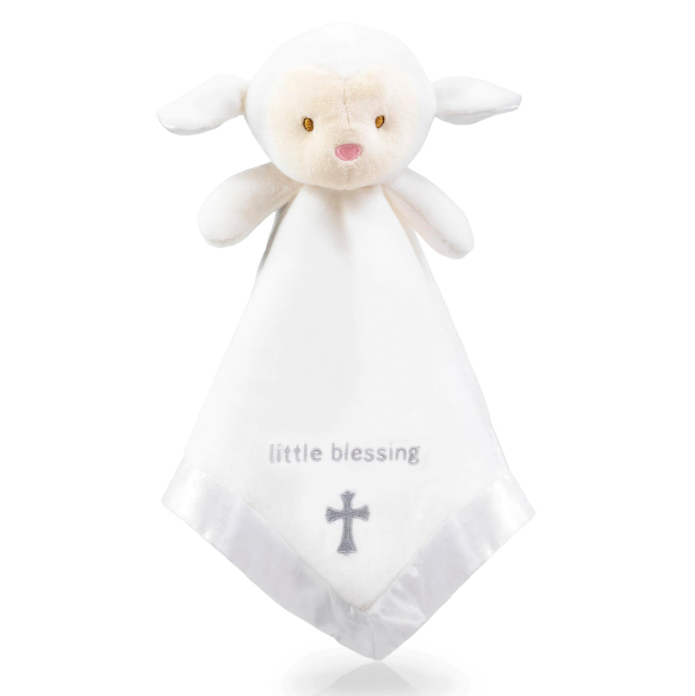 TRANQUIL KIDDO lamb lovey close-up embroidery showing cross detail for comforting snuggles