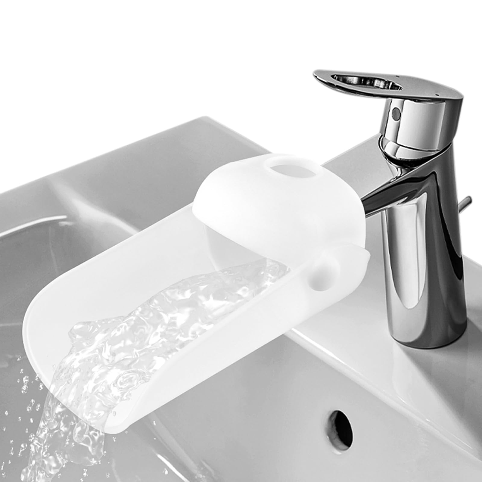 Trasylph faucet extender universal-compatibility shows snug fit on diverse faucets for easier cleaning.