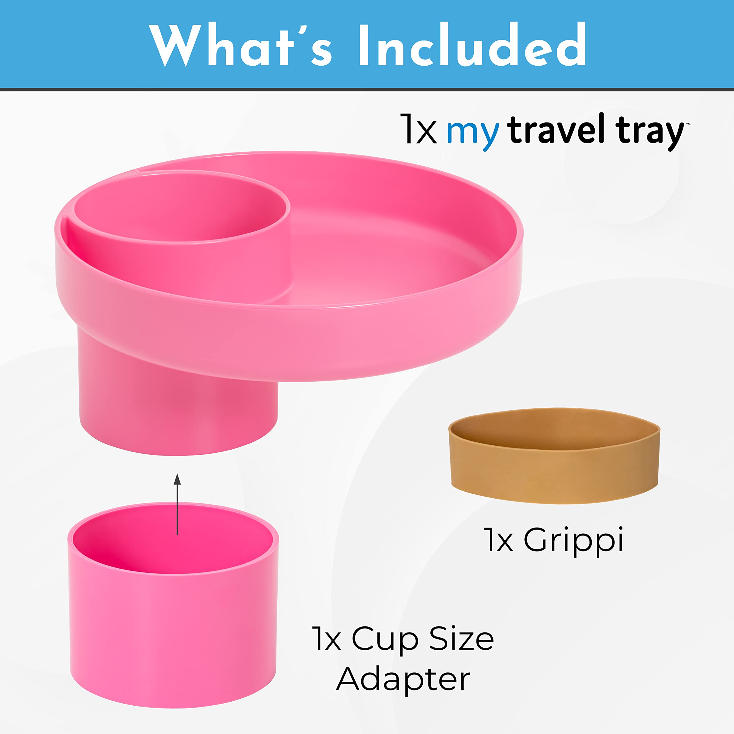 Travel Tray hot-pink-round cup-adapter-grippi enables four sizing options.