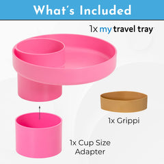 Travel Tray hot-pink-round cup-adapter-grippi enables four sizing options.