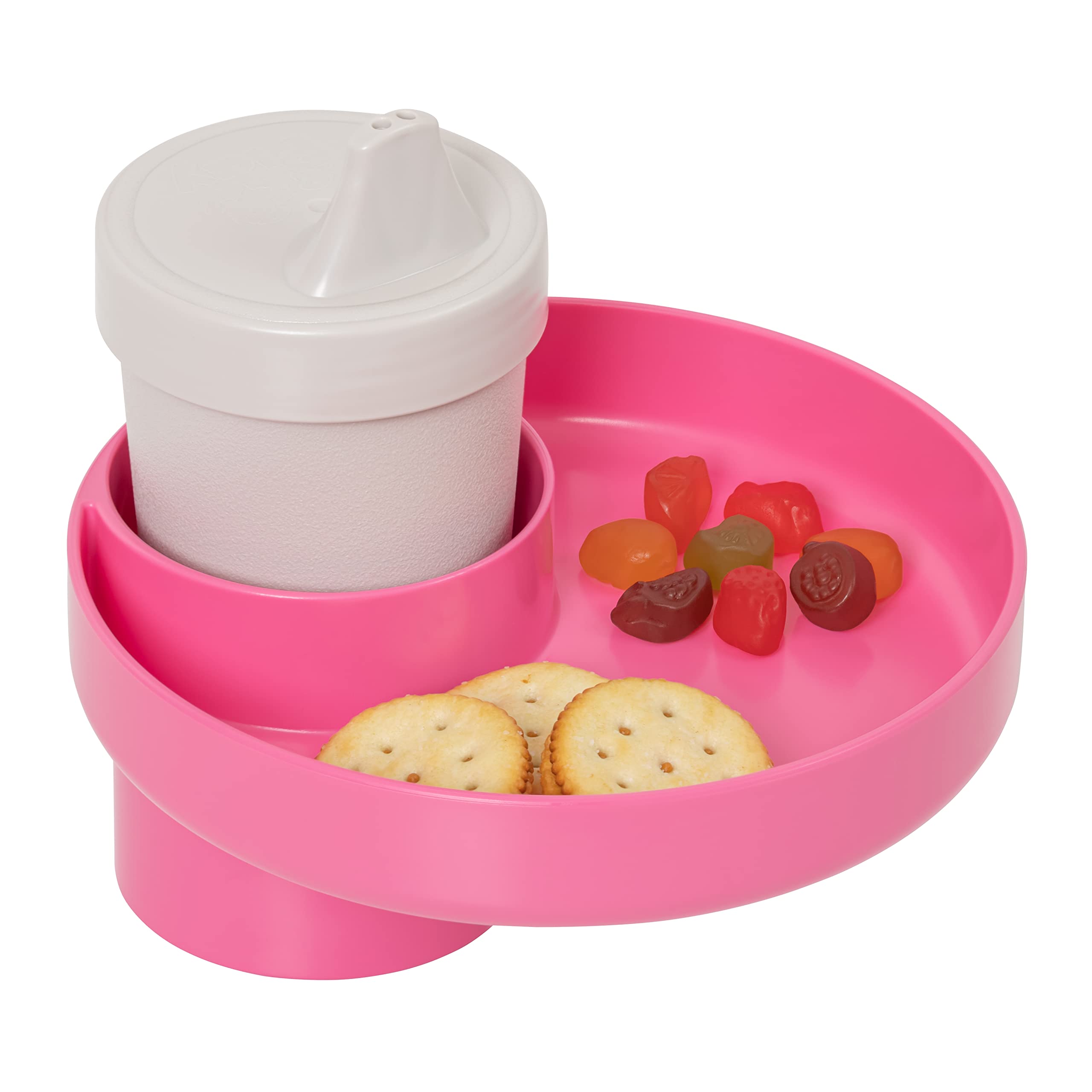 Travel Tray hot-pink-round cup-holder-in-use keeps snacks within easy reach.