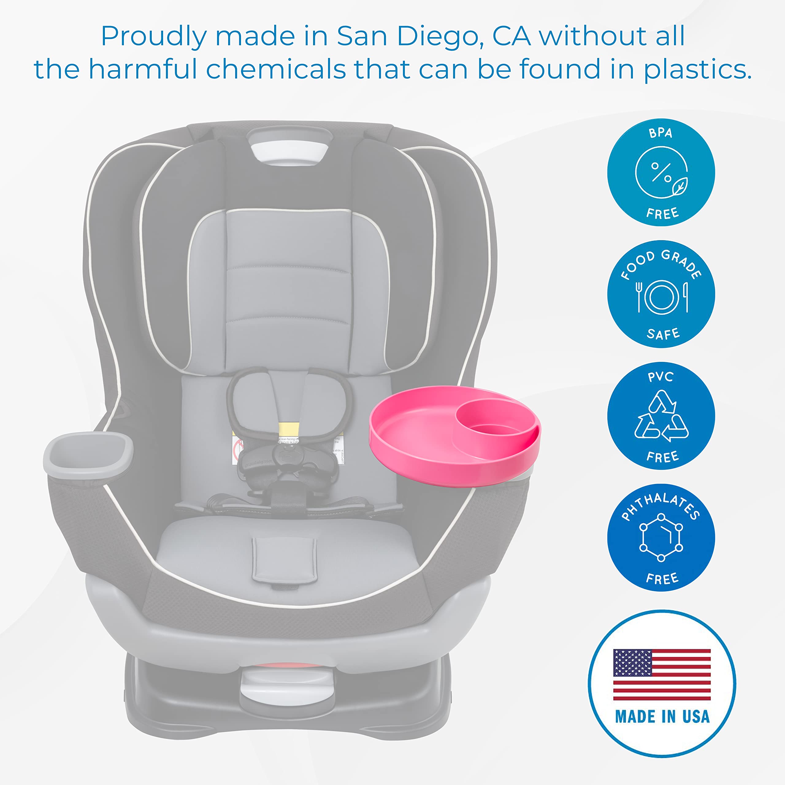 Travel Tray hot-pink-round spill-prevention scene reduces crumbs during car rides.