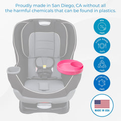 Travel Tray hot-pink-round spill-prevention scene reduces crumbs during car rides.