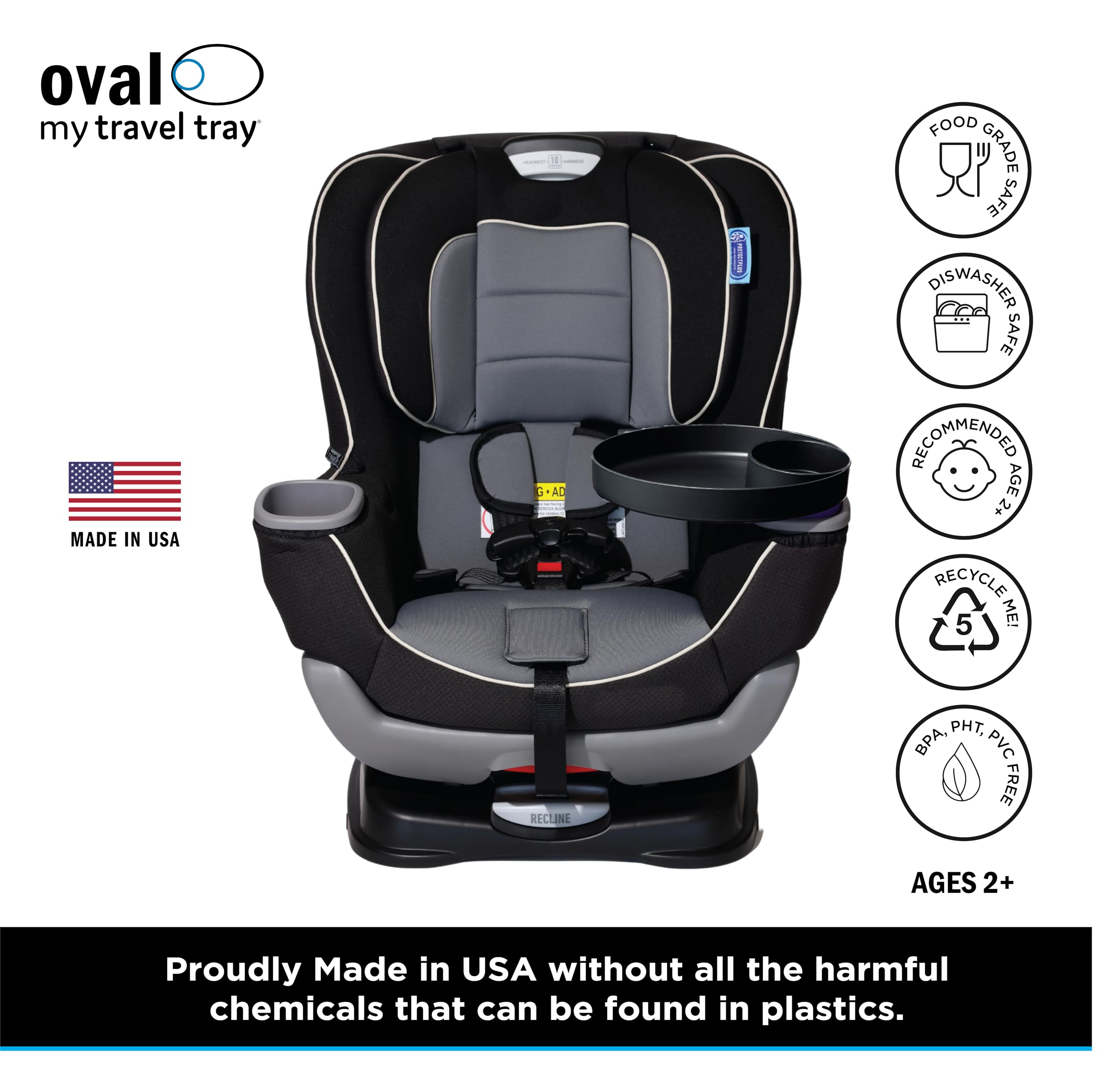 Travel Tray Oval Pirate Black includes adapters for four cup holder sizes.
