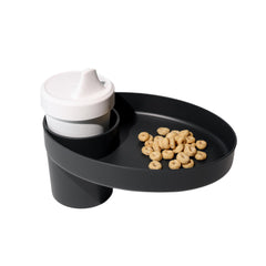 Travel Tray Oval Pirate Black front view shows secure cup holder and snack tray.