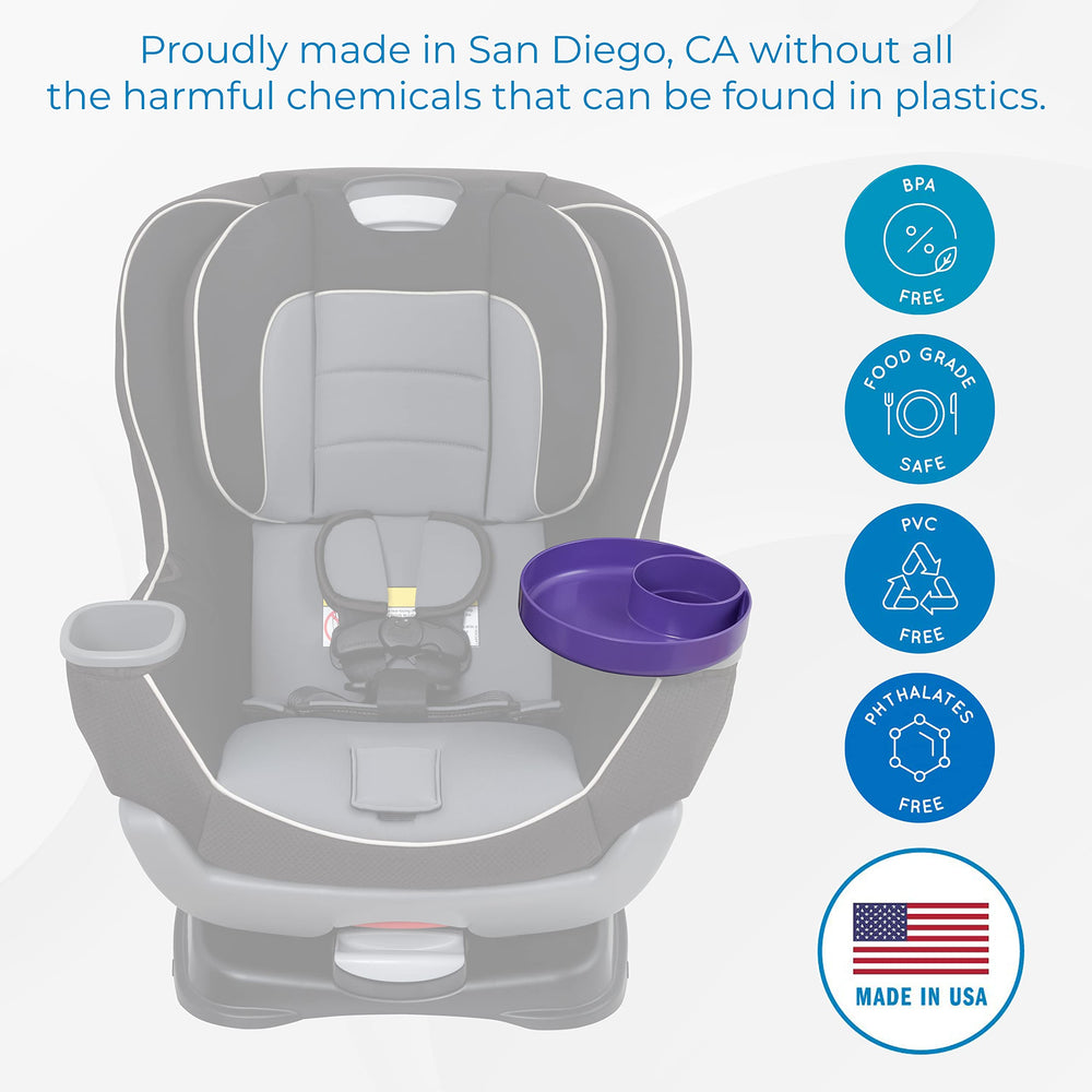 Travel Tray Round Purple adapter and Grippi illustrate four-size fit for many holders