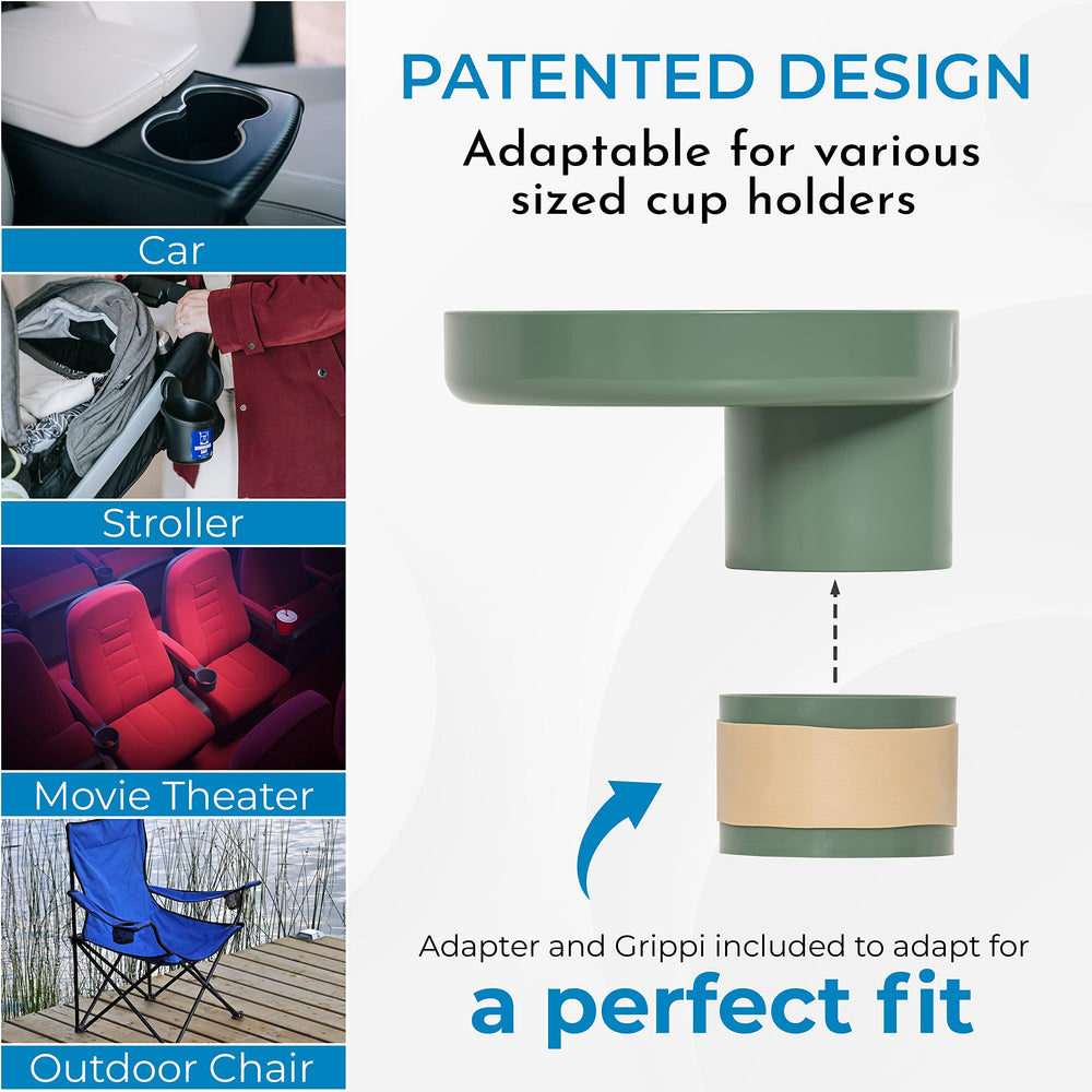 Travel Tray USA Moss Green grippi-attachment expands compatibility with odd cup holders.