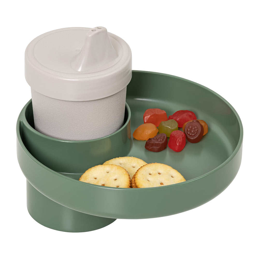 Travel Tray USA Moss Green in-use fits cup holders for mess-free car meals.