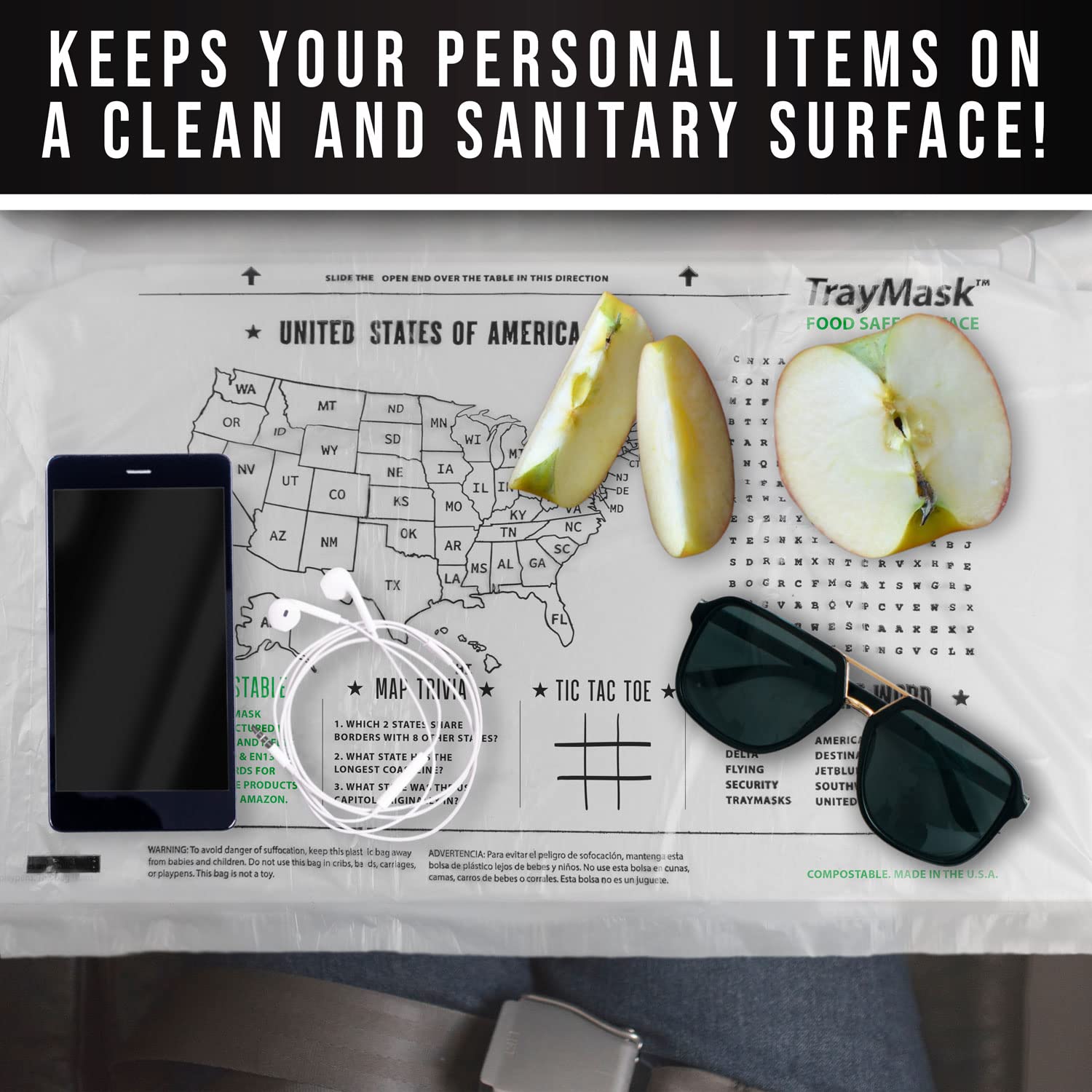 TrayMask on-tray-table protects surfaces, keeping meals clean during air travel