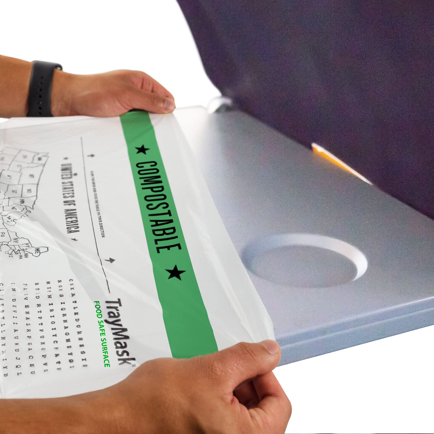 TrayMask compostable tray cover packaging shows eco-friendly travel protection