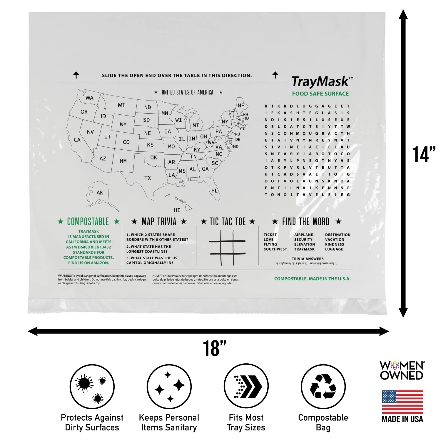 TrayMask with kids activities on tray shows kid-friendly travel companion