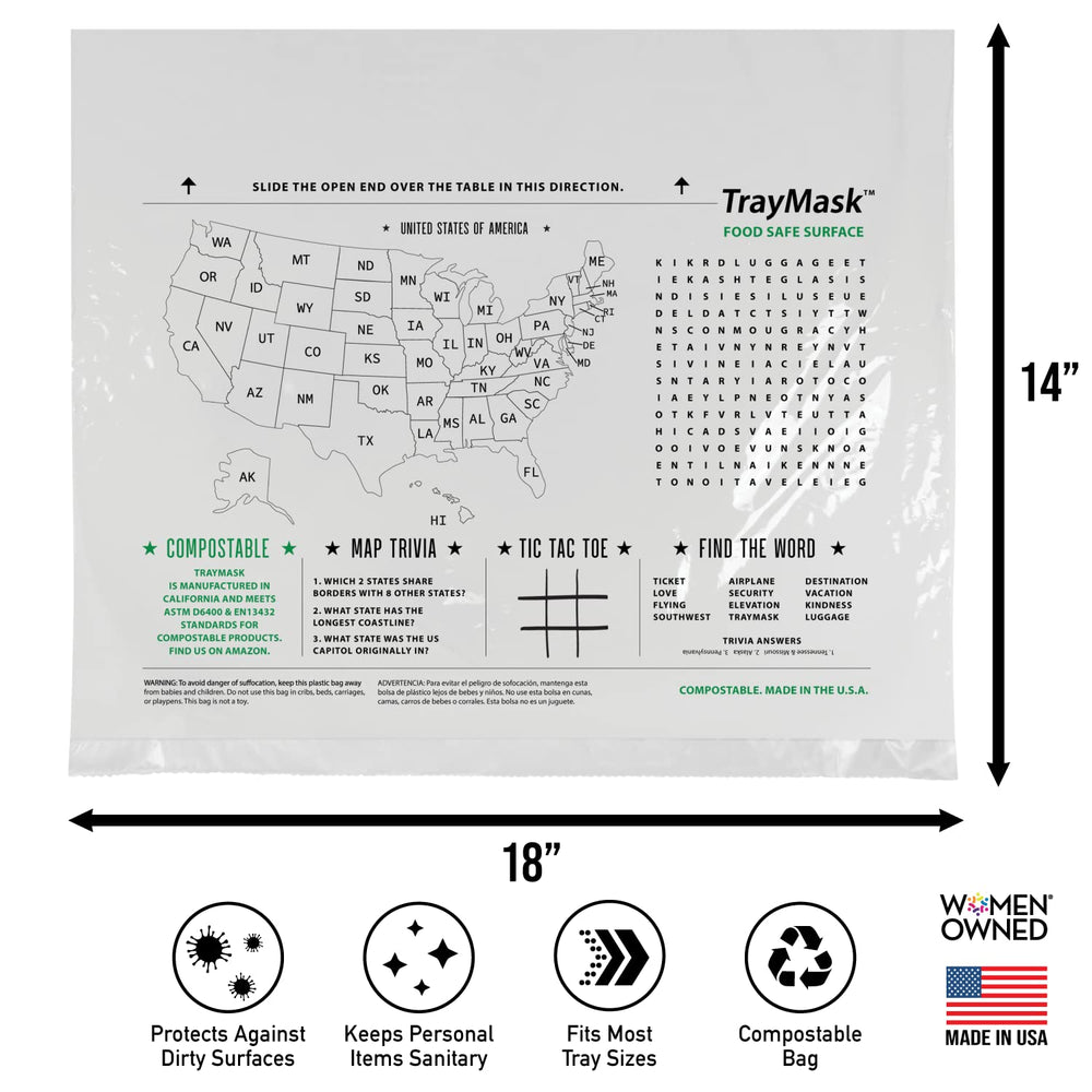 TrayMask with kids activities on tray shows kid-friendly travel companion