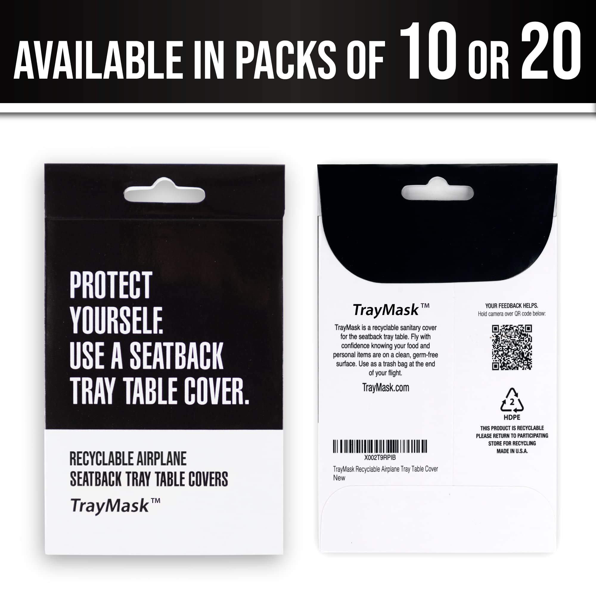 TrayMask is made in the USA from recycled plastic for sustainable travel.