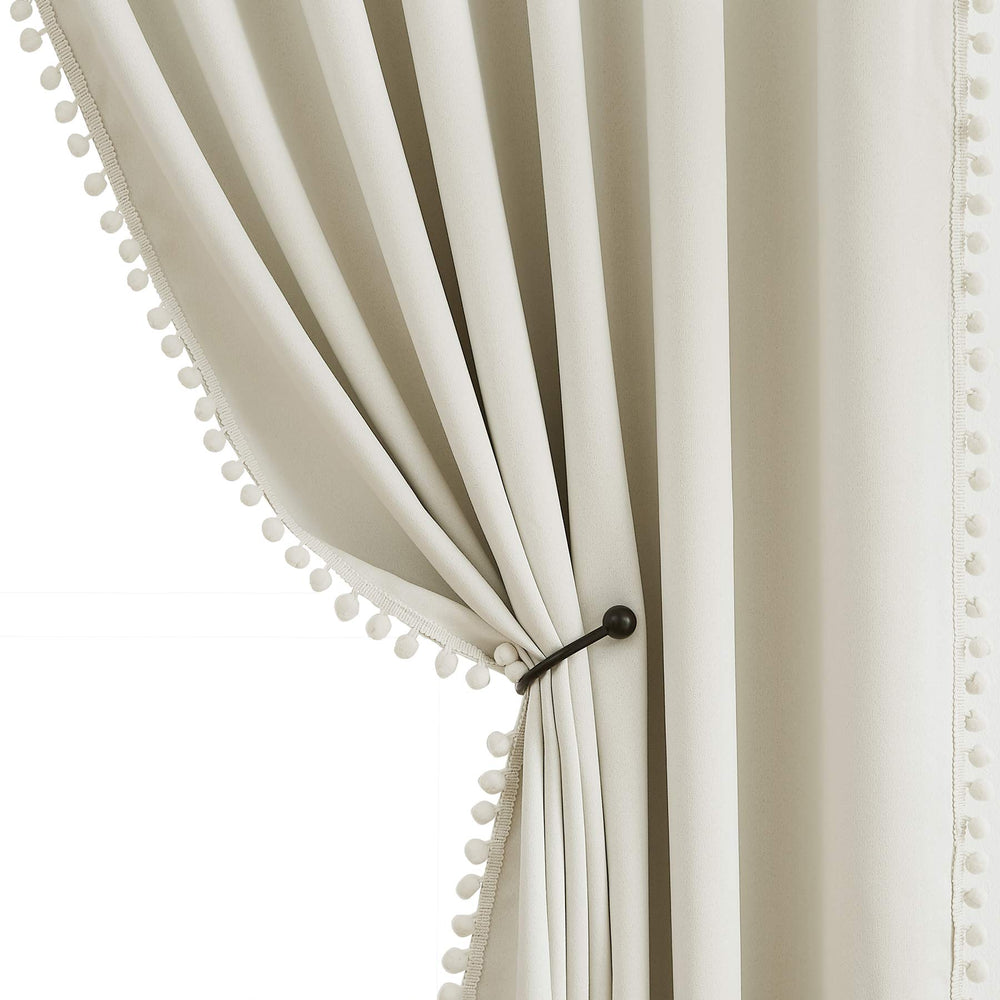 Treatmentex Pom Pom Curtains bedroom setup enhances cozy ambiance while blocking light.