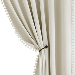 Treatmentex Pom Pom Curtains bedroom setup enhances cozy ambiance while blocking light.