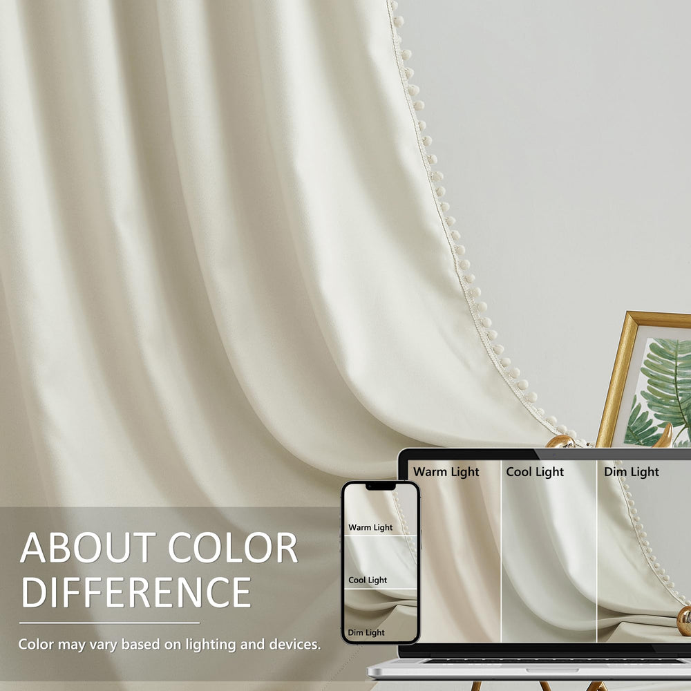 Treatmentex Pom Pom Curtains ivory fabric closeup emphasizes durable triple weave.