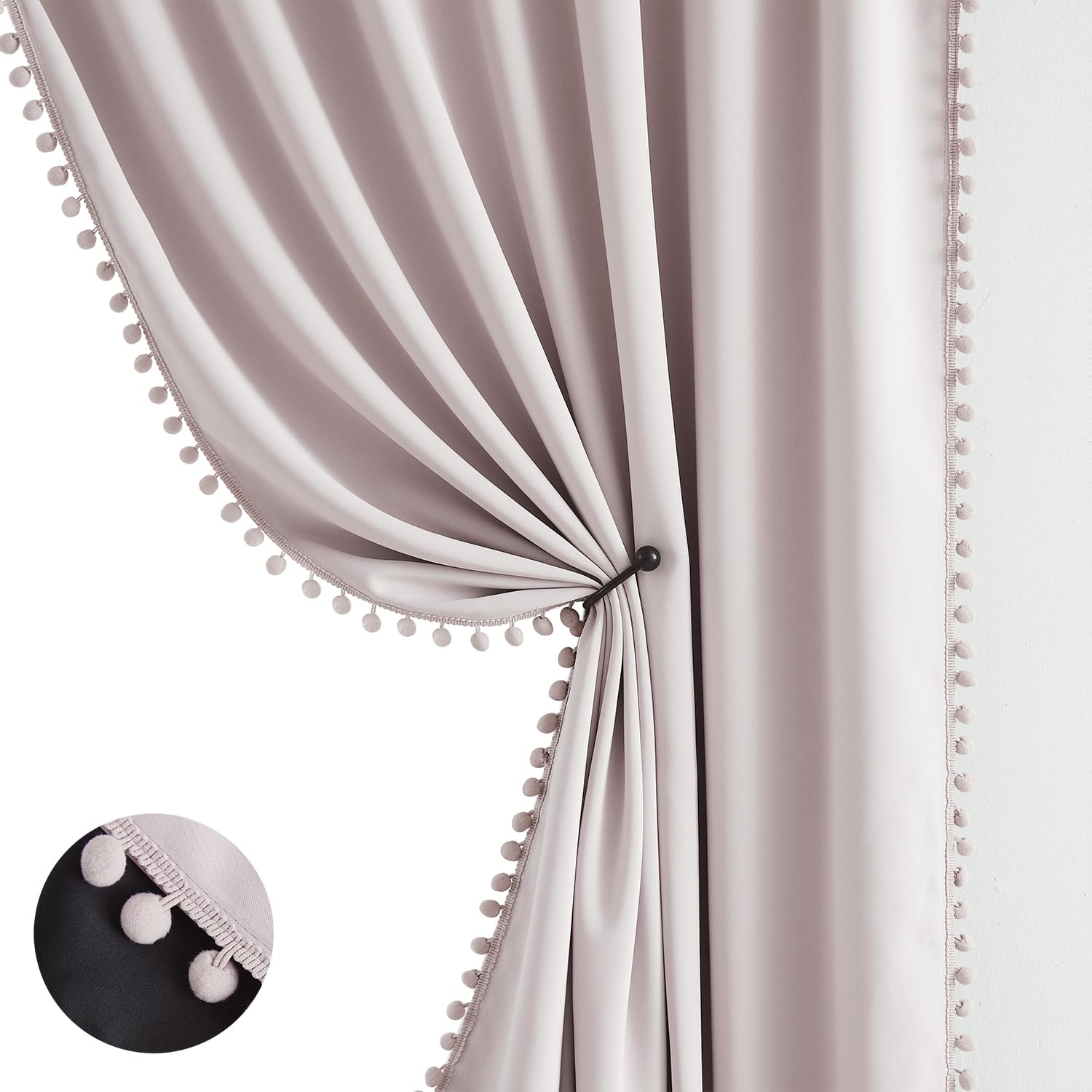 Treatmentex Pompom Pink curtain close-up showing pink pom-pom trim for playful charm