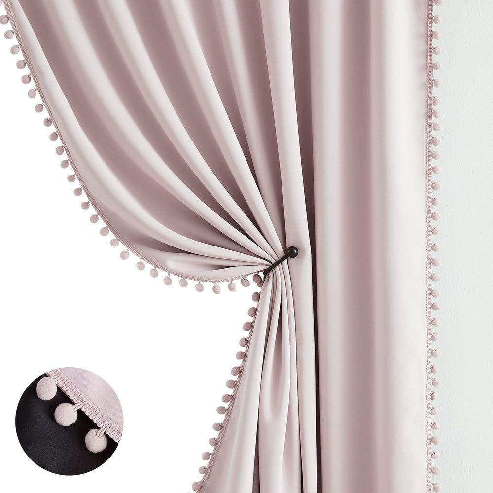 Treatmentex Pompom Pink curtain close-up showing pink pom-pom trim for playful charm