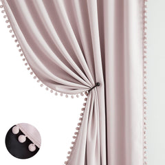 Treatmentex Pompom Pink curtain close-up showing pink pom-pom trim for playful charm