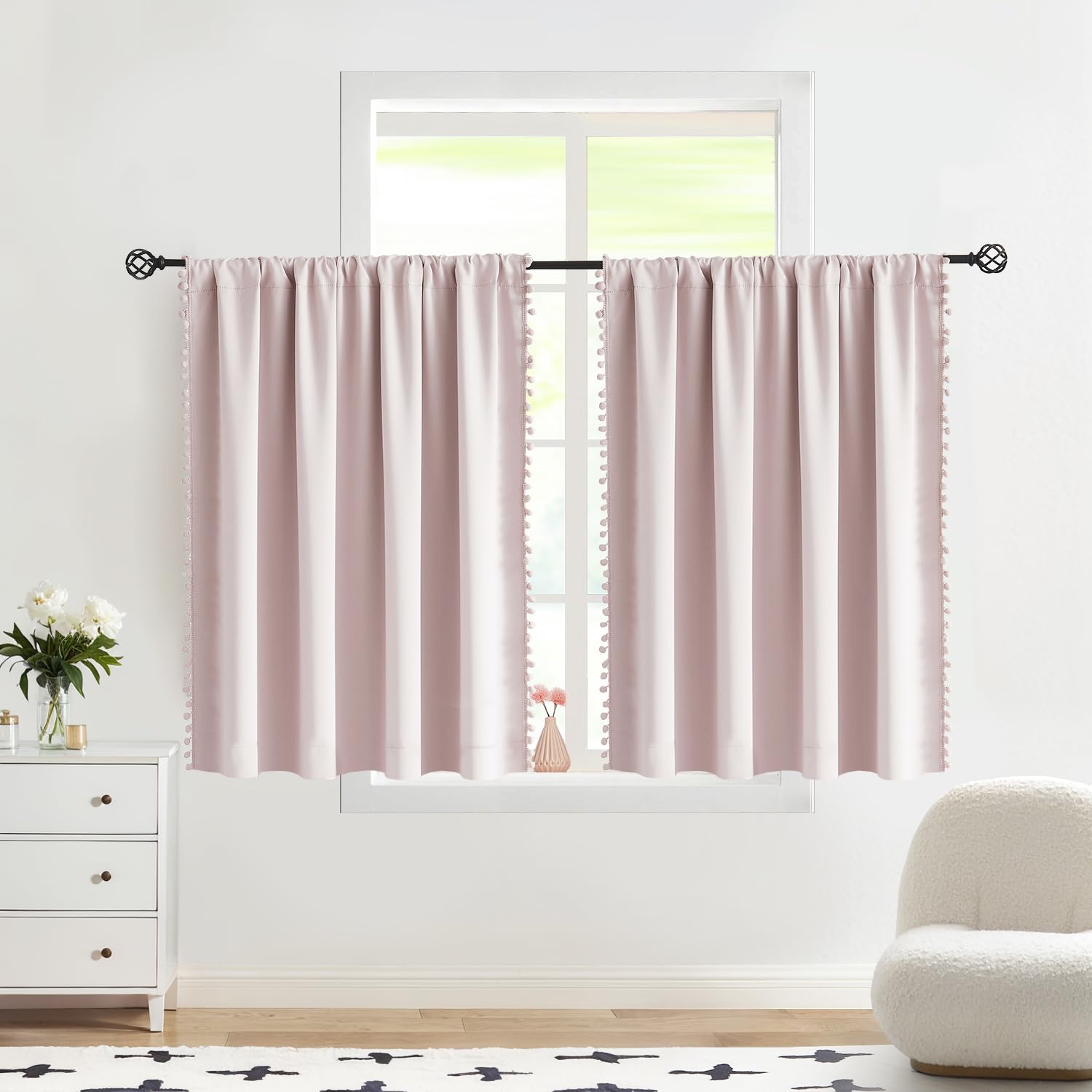 Treatmentex Pompom Pink full blackout curtain panel setup for bedroom privacy and light control
