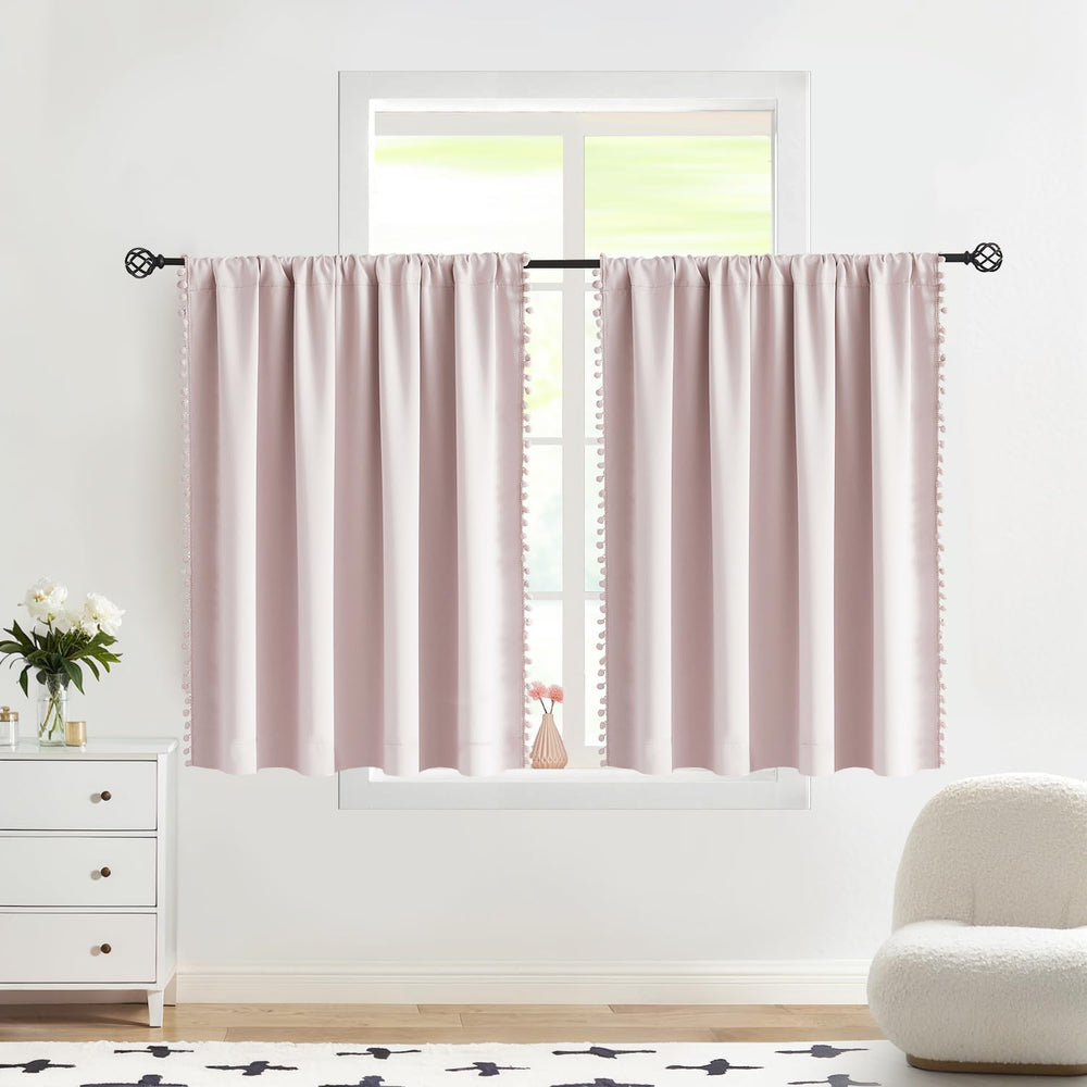 Treatmentex Pompom Pink full blackout curtain panel setup for bedroom privacy and light control