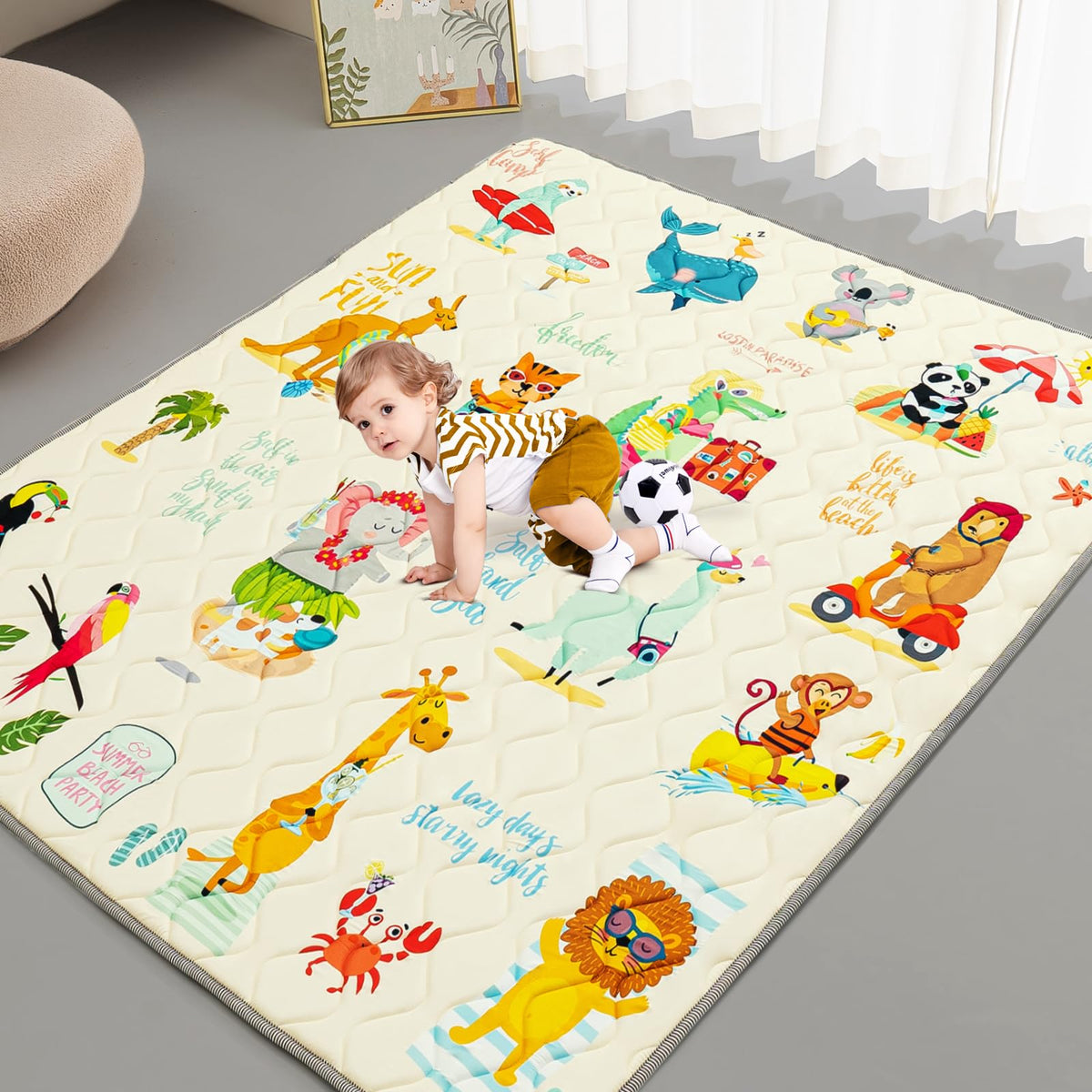 TreeBud baby play mat foam surface offers soft tummy-time cushioning.