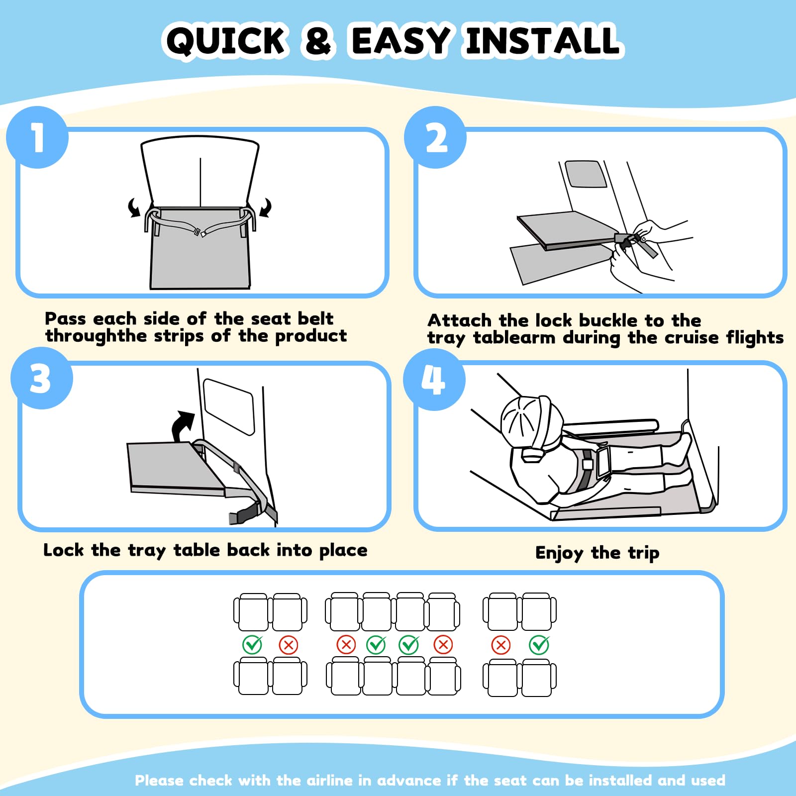 TrekBabe airplane seat extender compatibility tray-table shows quick safe setup.
