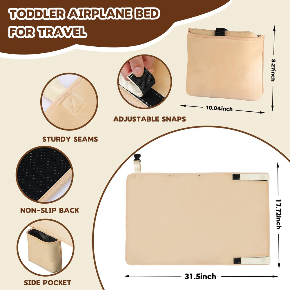 TrekBabe airplane-seat-extender strapped to tray table for secure setup