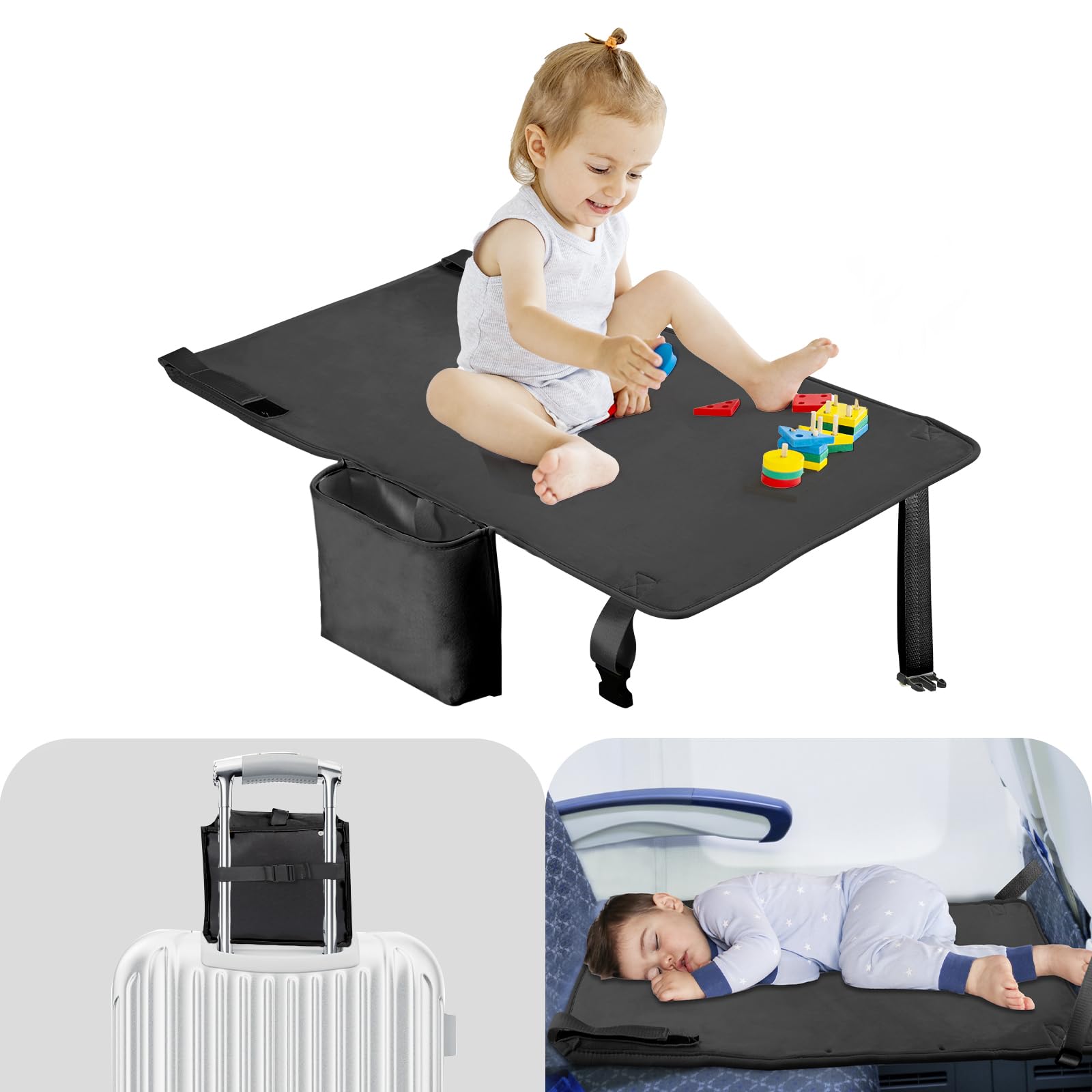 TrekBabe toddler airplane bed side-view demonstrates cozy rest on long flights.