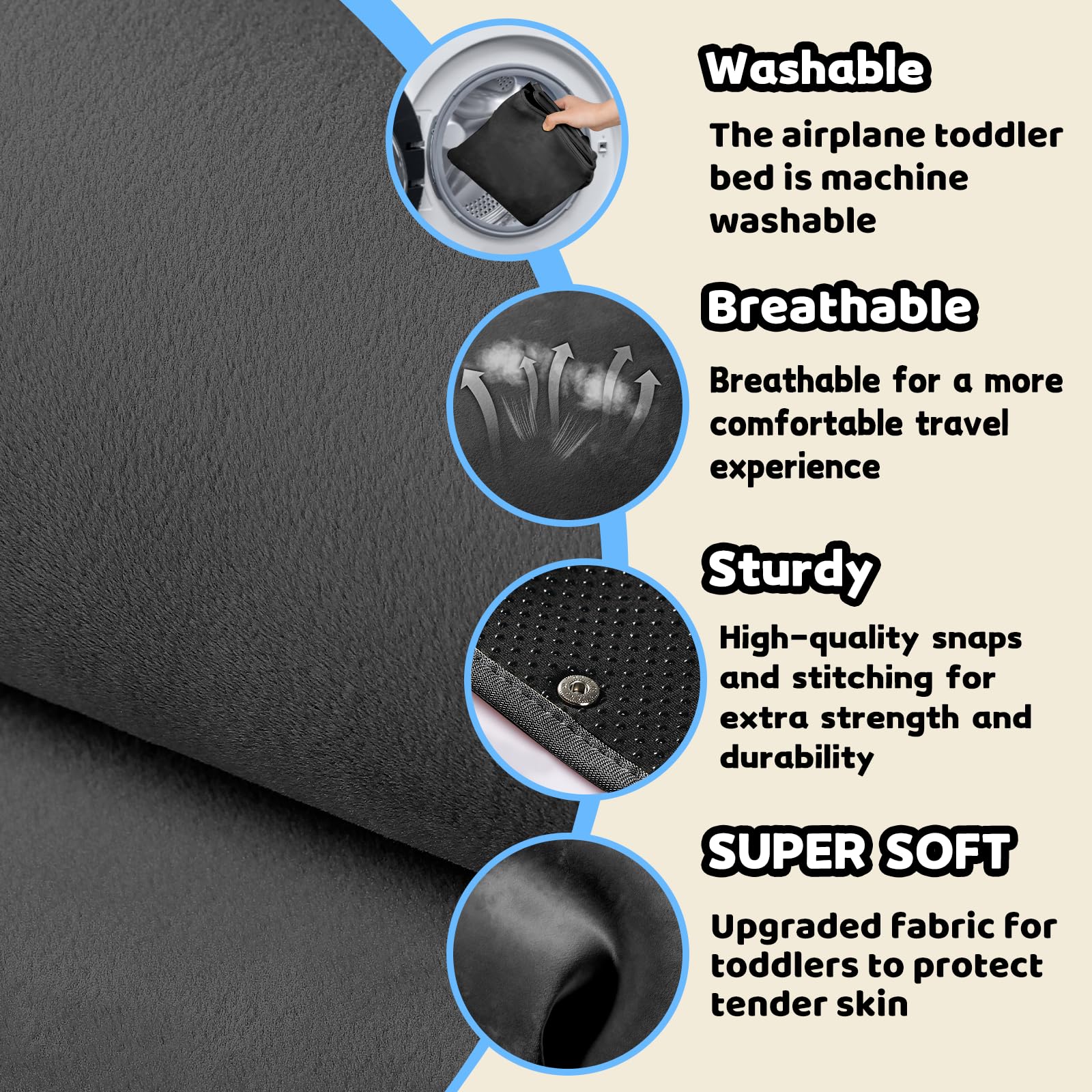 TrekBabe toddler airplane seat extender in-use provides stable travel comfort.