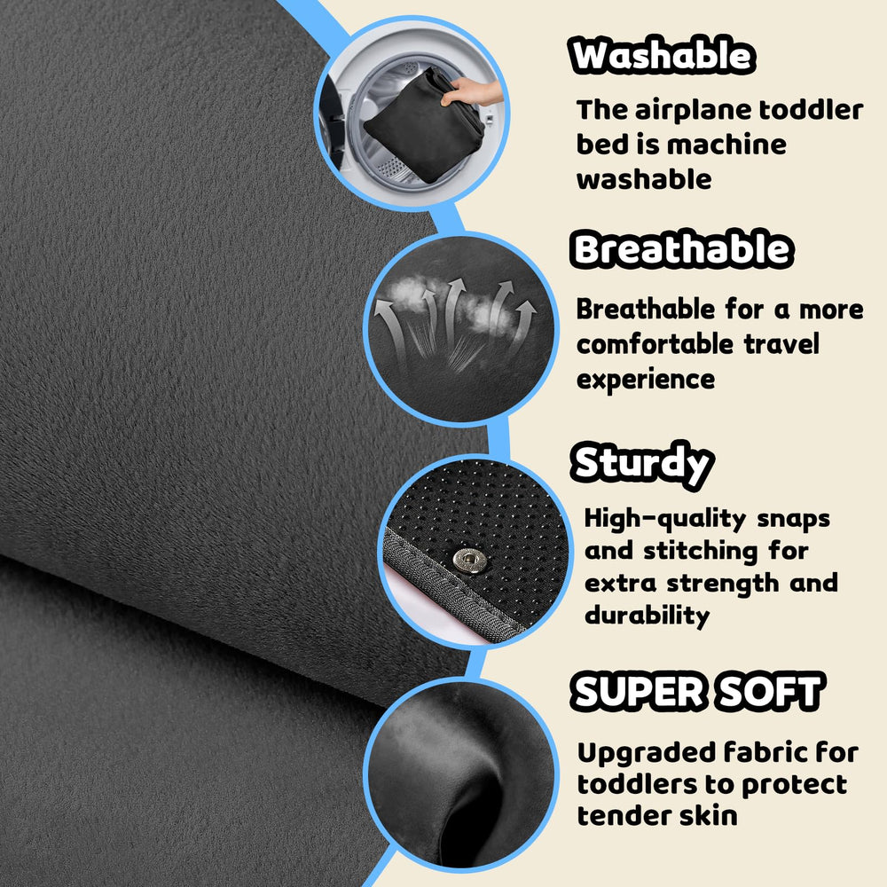 TrekBabe toddler airplane seat extender in-use provides stable travel comfort.
