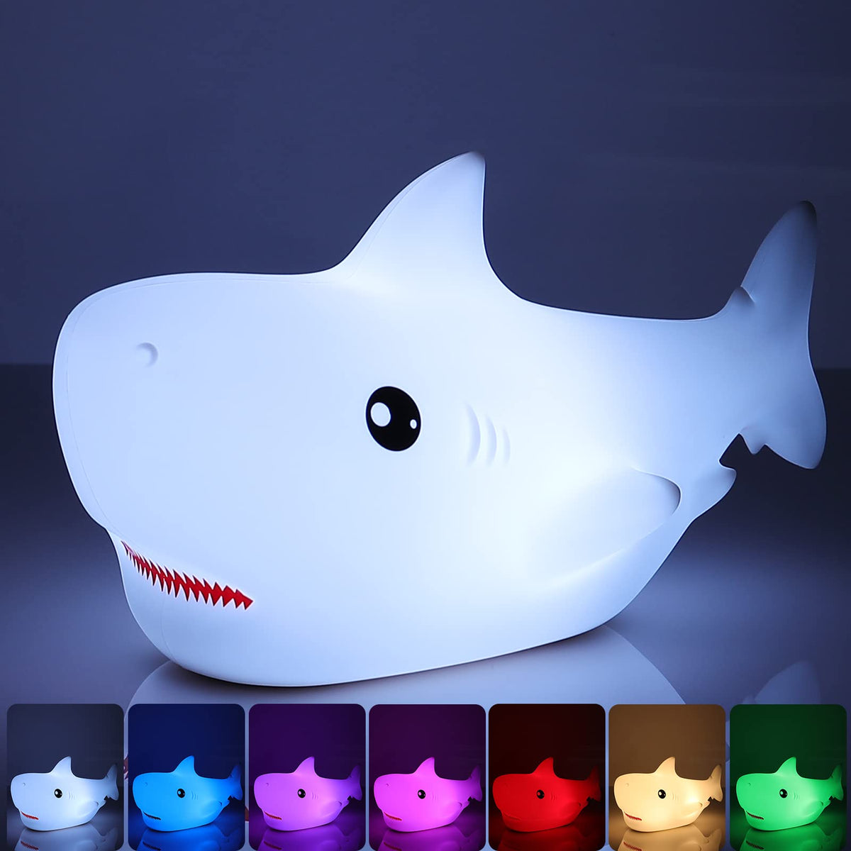 Tremdwoto Shark Night Light front view glowing softly in a nursery