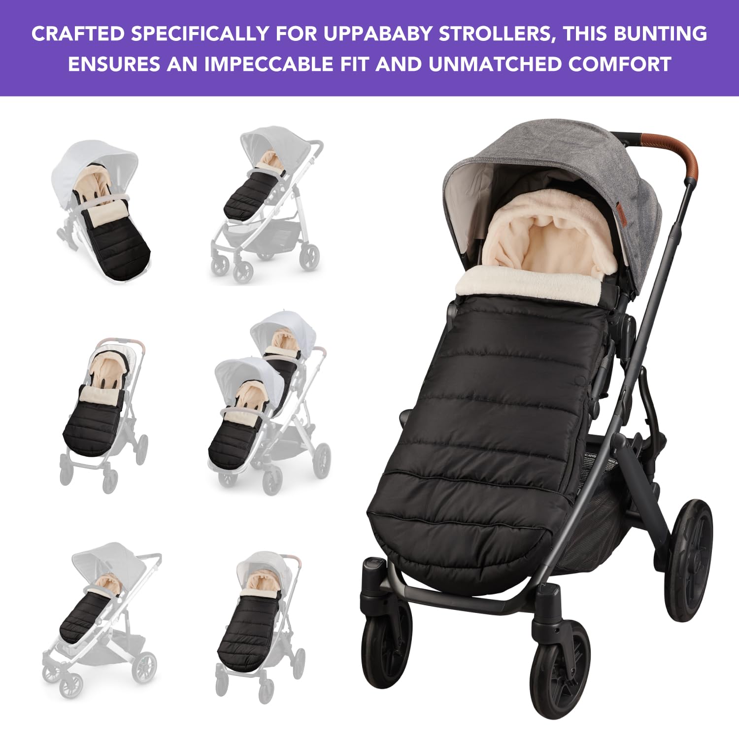 TrendHub Bunting Bag for UPPAbaby straps secure attachment to prevent shifting.