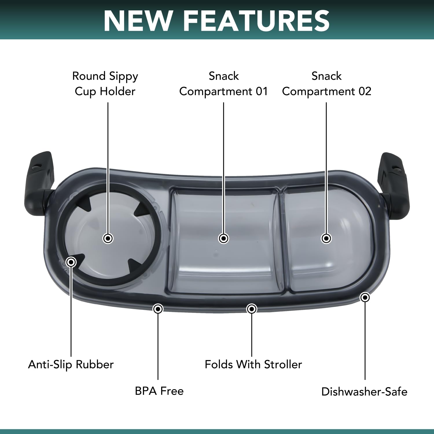 TRENDHUB Snack Tray installs onto the stroller bumper bar in seconds.