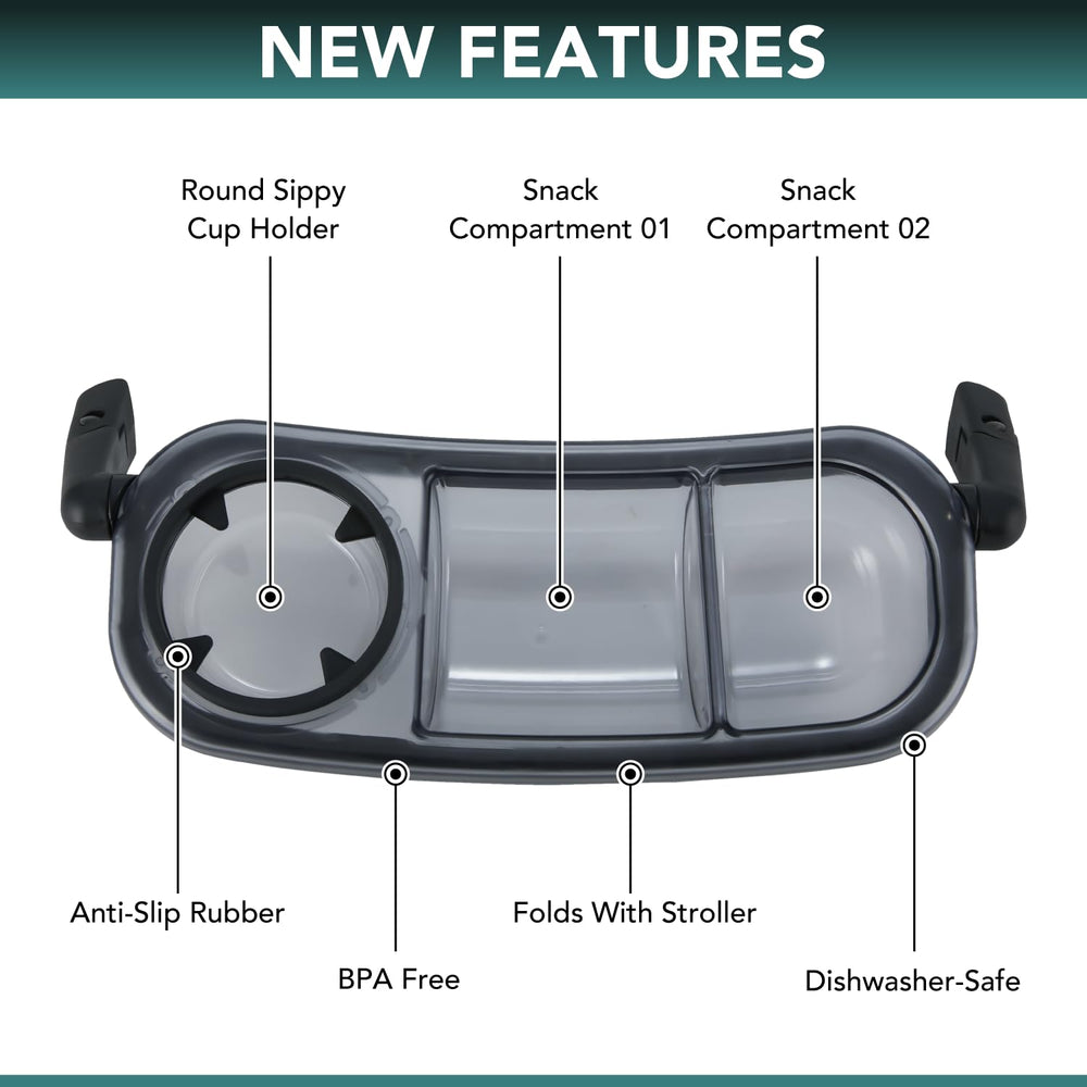TRENDHUB Snack Tray installs onto the stroller bumper bar in seconds.