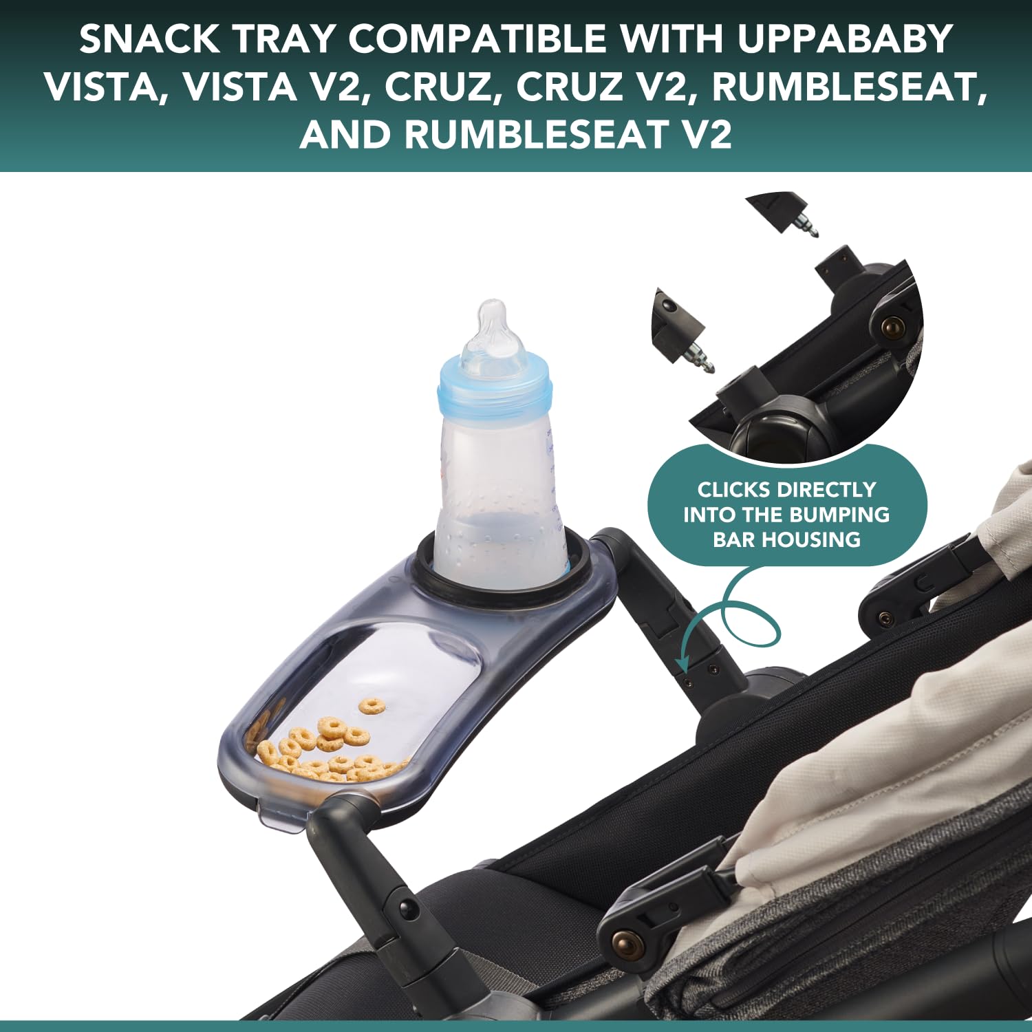 TRENDHUB snack tray on-fold stroller demonstrates effortless quick attachment.